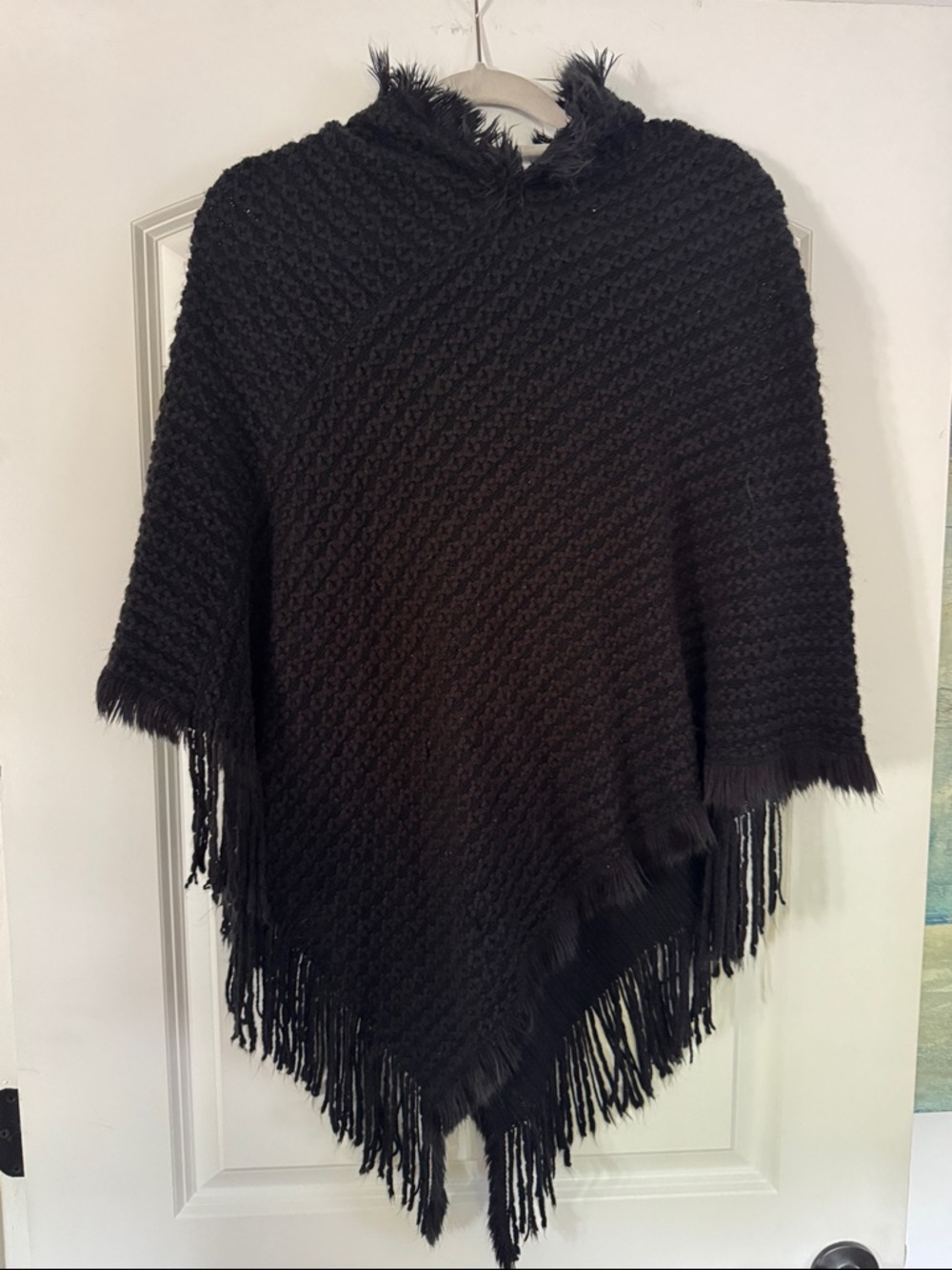 Love Culture Black Fringe Knit Poncho with Faux-Fur Trim